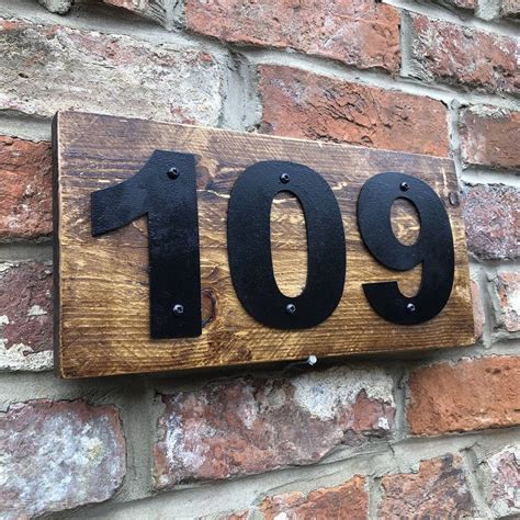 free-standing wood and metal house numbers plaque|house numbers mounted on wood.